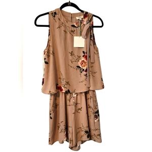 Umgee Floral Dusty Pink Tan Romper with Pockets, Open Back Lined, Bow Tie S NWT